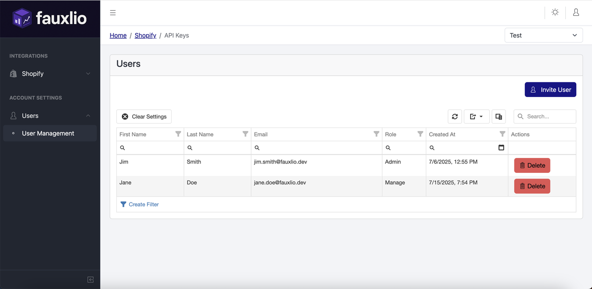 Fauxlio User Management Screenshot